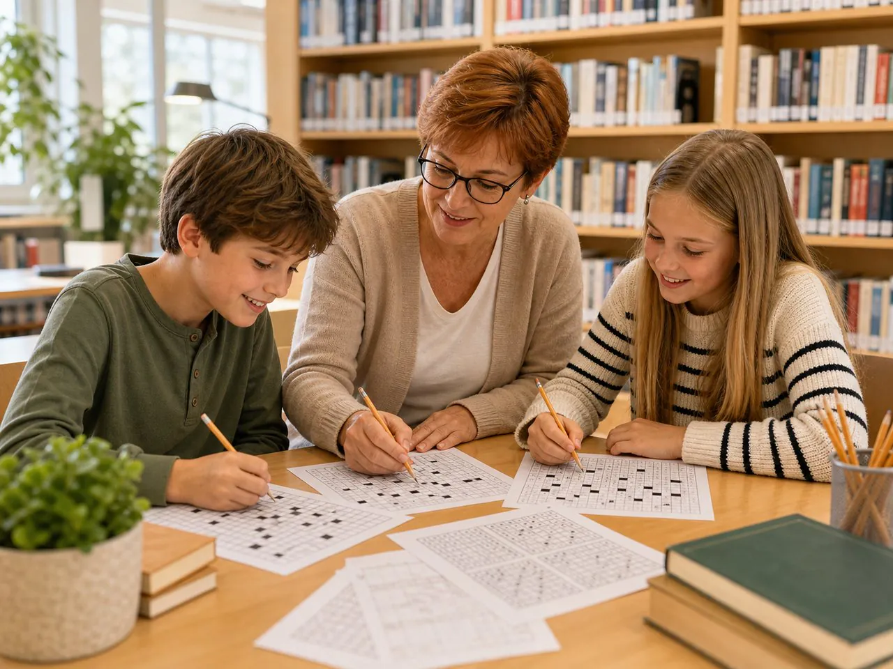 Dzieci z bibliotekarką rozwiązują łamigłówki przy stole w bibliotece.